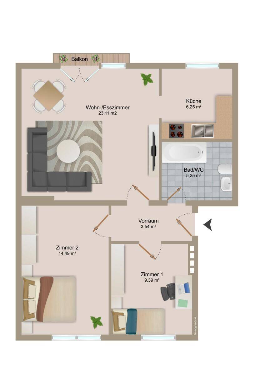 Übersichtlicher Grundriss einer Wohnung mit offenem Wohnbereich, Küche und zwei Schlafzimmern.