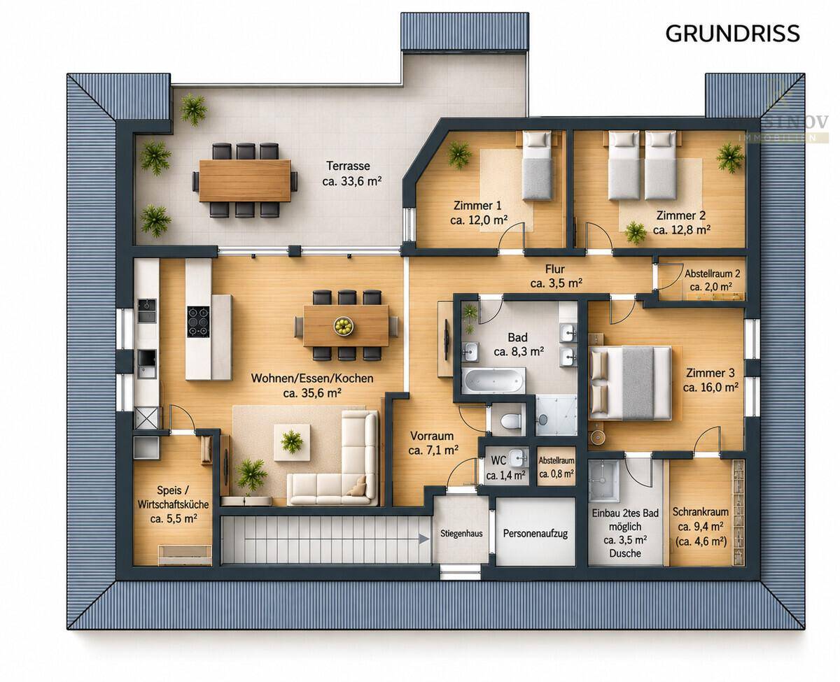 Detaillierter Grundriss mit Möblierung, Raumaufteilung und Flächenangaben.