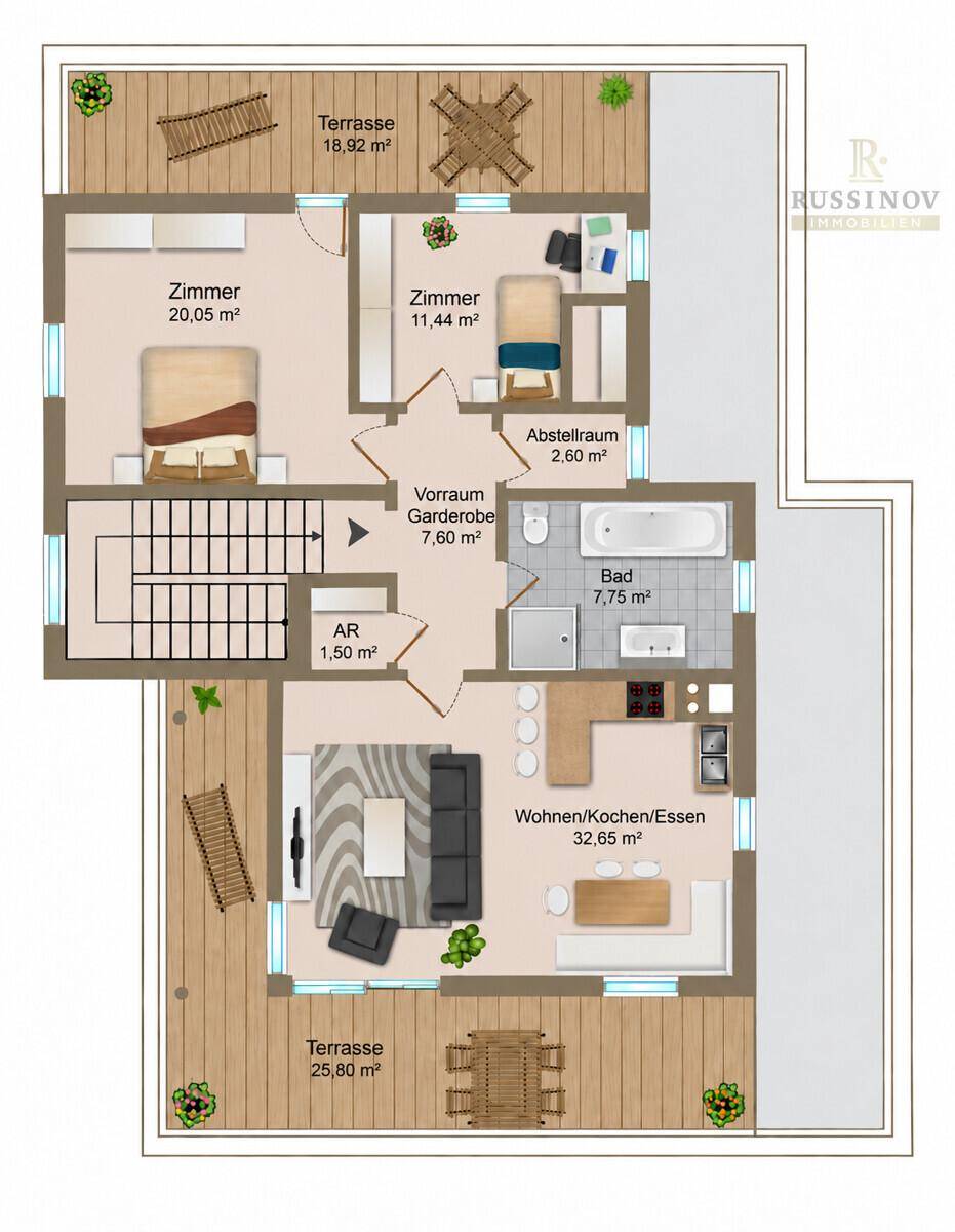 Detaillierter Grundriss mit zwei Terrassen, zwei Schlafzimmern und offenem Wohn-/Koch-/Essbereich.