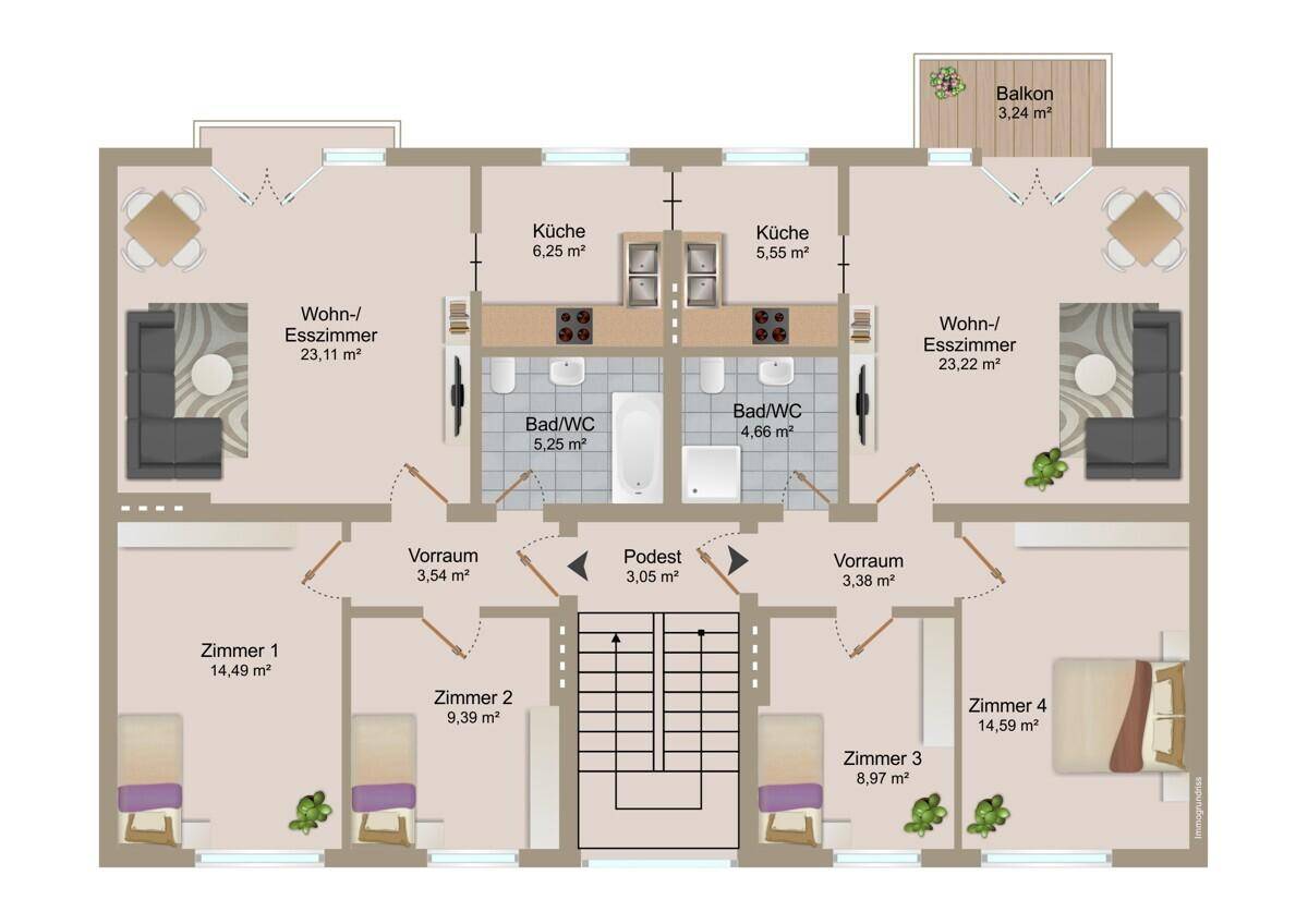 Detaillierter Grundriss einer Wohnung mit zwei Schlafzimmern, Wohn-Essbereich und Balkon.