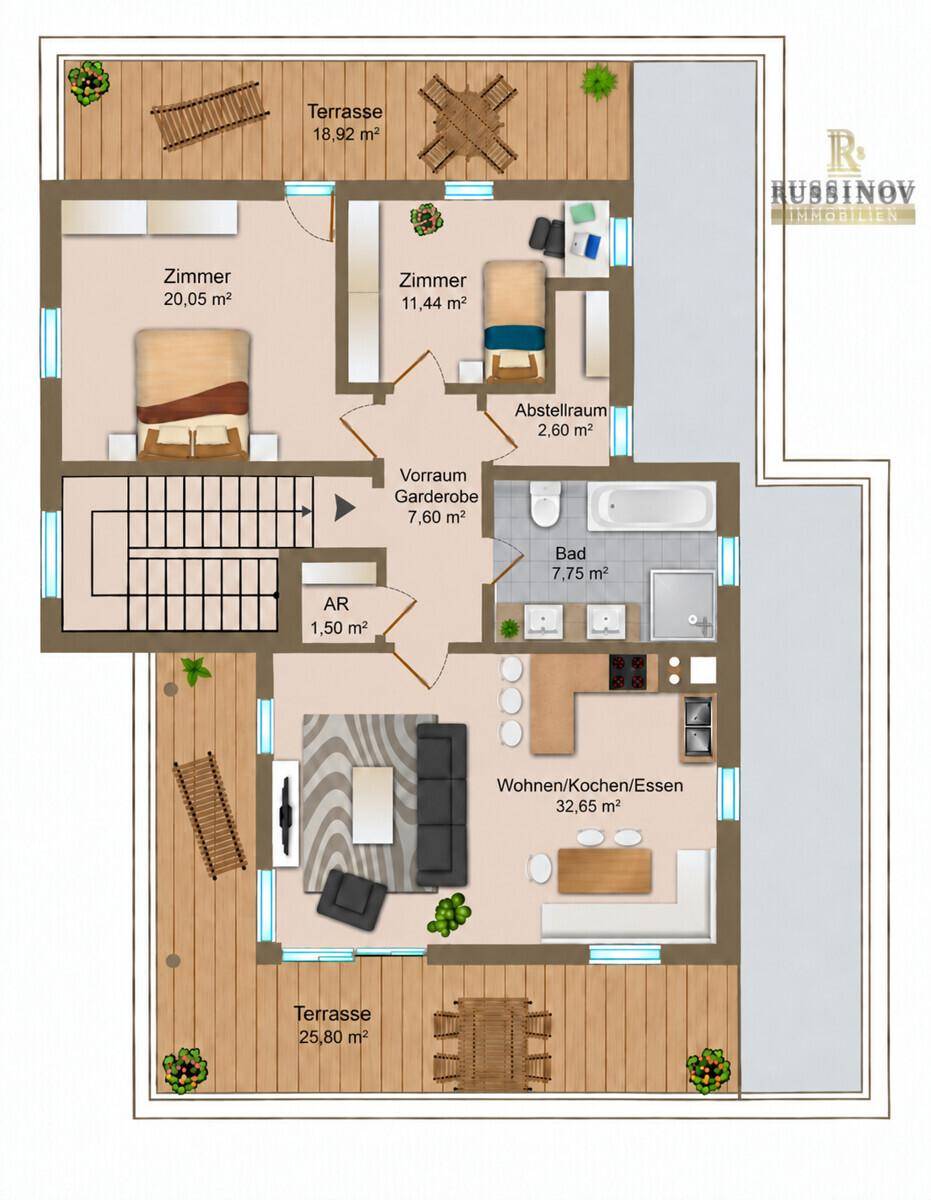 Detaillierter Grundriss einer Wohnung mit zwei Terrassen, zwei Schlafzimmern und offenem Wohnbereich.