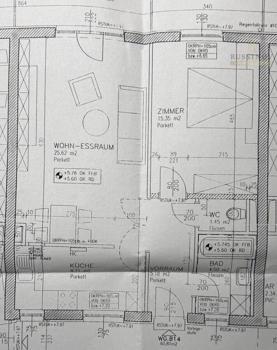 Grundriss der Wohnung mit Wohn-Essraum, Zimmer, Küche, Bad und WC.