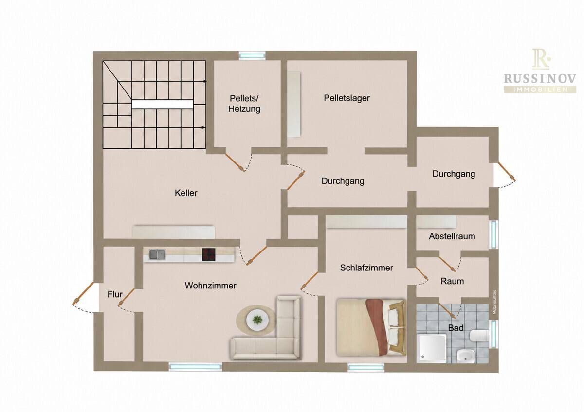 Grundriss des Untergeschosses mit Keller, Wohnzimmer, Schlafzimmer und Bad.