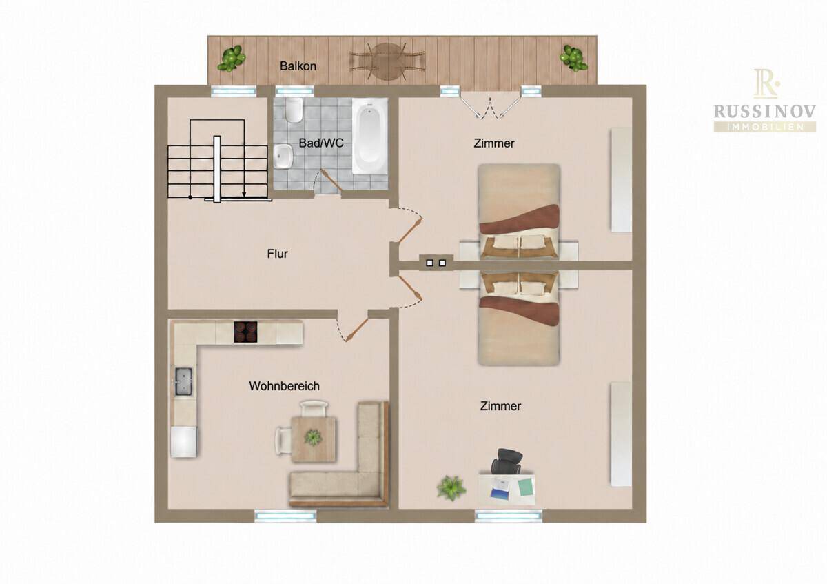 Grundriss des Obergeschosses mit Wohnbereich, Bad und zwei Schlafzimmern sowie Balkon.