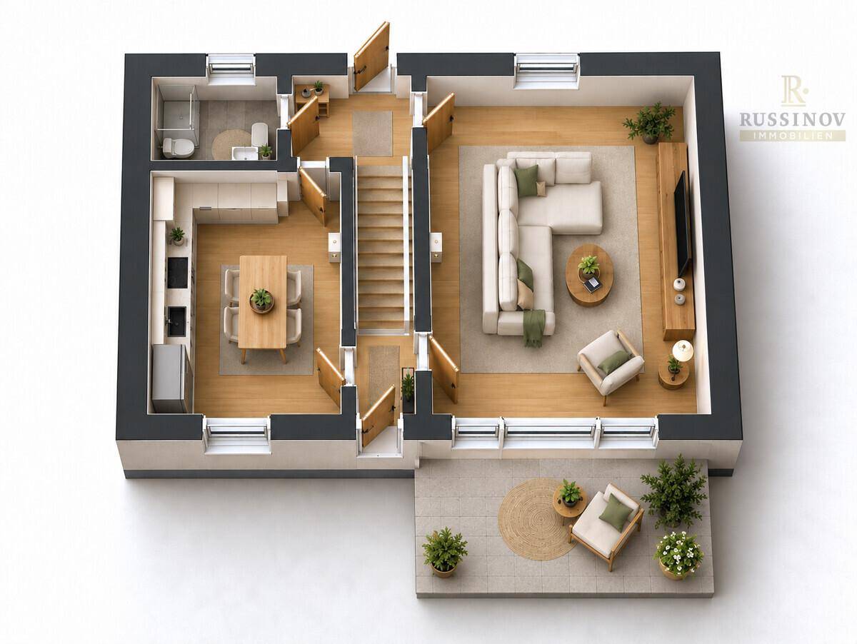 3D-Grundriss des Erdgeschosses mit offenem Wohnbereich, Küche und Terrasse.