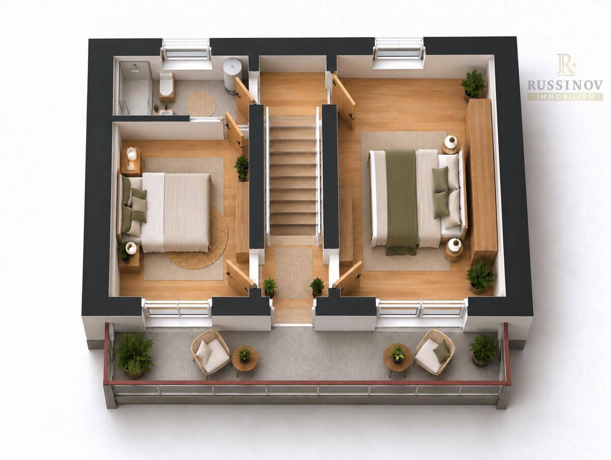 3D-Grundriss des Obergeschosses mit zwei Schlafzimmern und Balkon.
