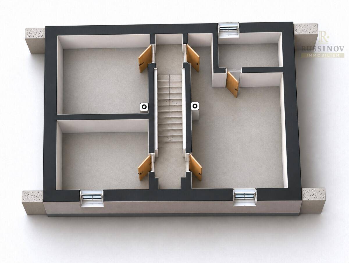 3D-Grundriss des Untergeschosses mit leeren Räumen und Treppenaufgang.
