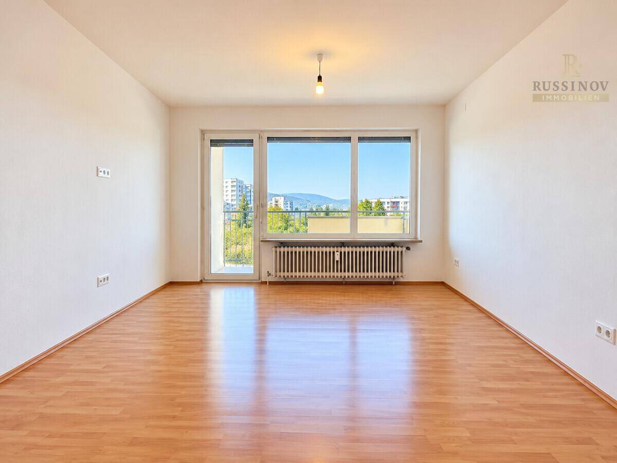 Heller Wohnraum mit Parkettboden, großem Fenster und Zugang zu einem Balkon mit Bergblick.
