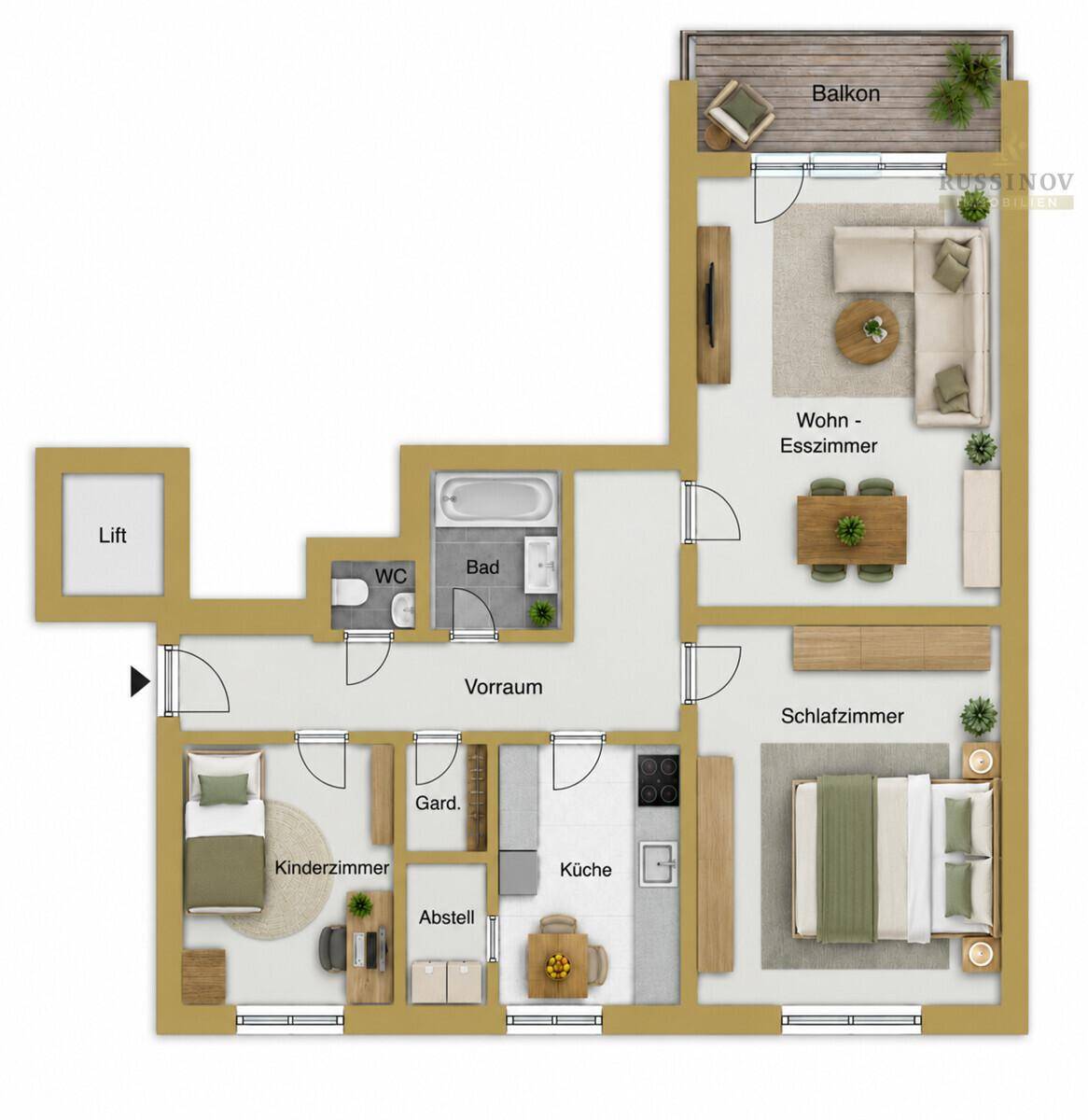Detaillierter Grundriss einer Wohnung mit Wohn-Esszimmer, Schlafzimmern, Küche und Balkon.