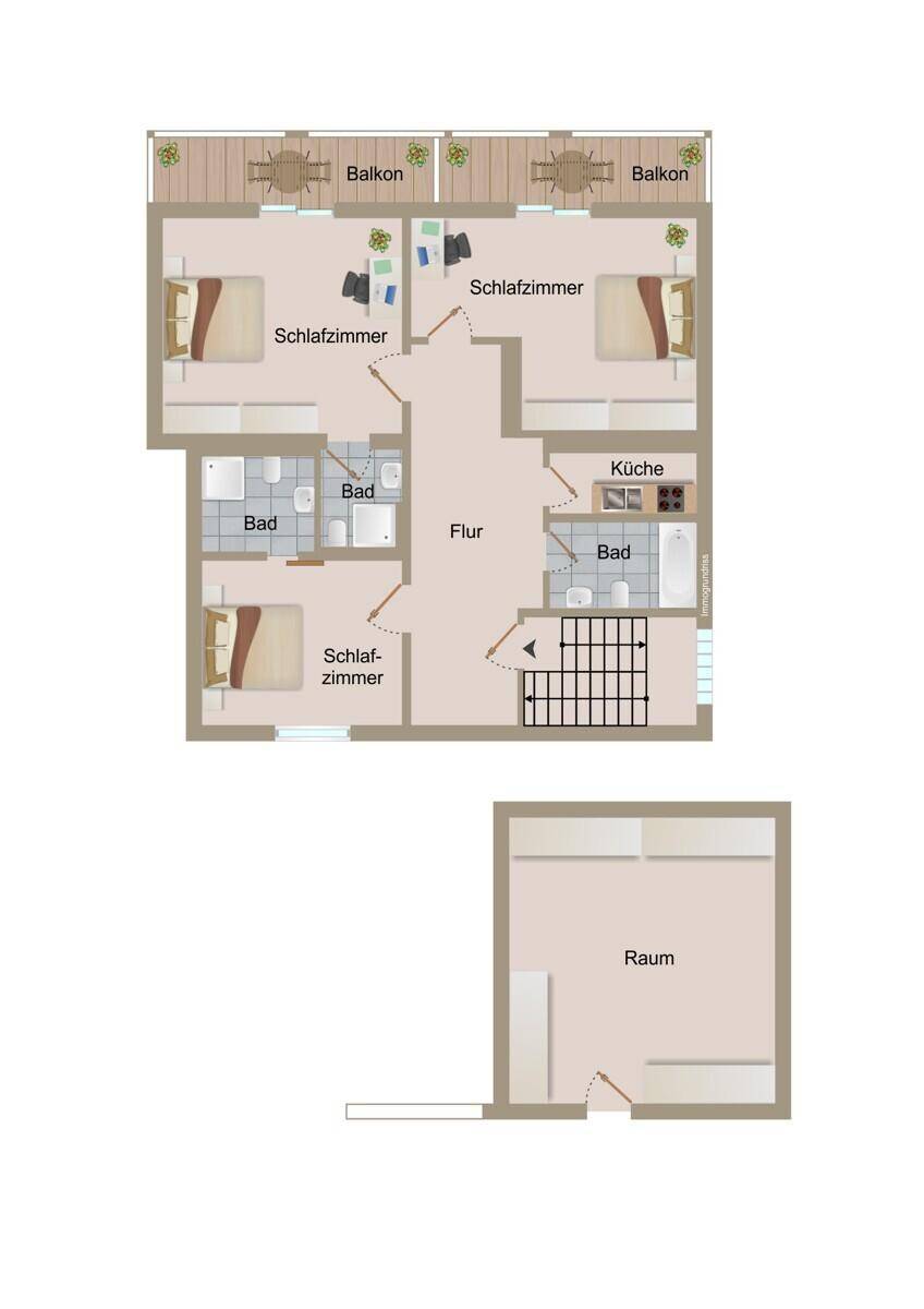 Grundriss einer Wohnung mit drei Schlafzimmern, drei Bädern, Küche und zwei Balkonen. Ein separater Raum ist im Untergeschoss dargestellt.