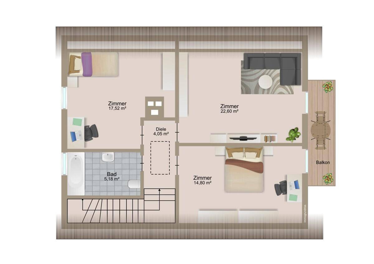 Grundriss des Obergeschosses mit mehreren Zimmern, Bad und Balkon.