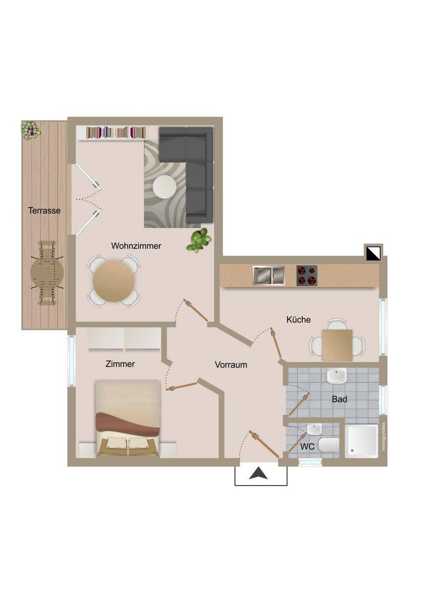 Grundriss einer Wohnung mit Wohnzimmer, Küche, Zimmer und großer Terrasse.