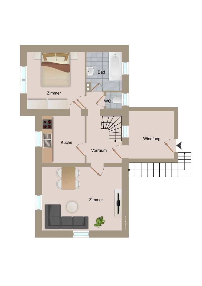 Grundriss des Erdgeschosses mit Wohnzimmer, Küche, Schlafzimmer und Bad.