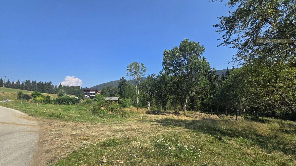 Ländliche Umgebung mit unbefestigtem Weg, Bäumen und einem Haus in der Ferne vor Bergkulisse.