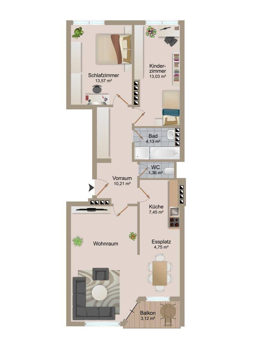 Übersichtlicher Grundriss mit Wohnraum, Schlafzimmer, Kinderzimmer und Balkon.