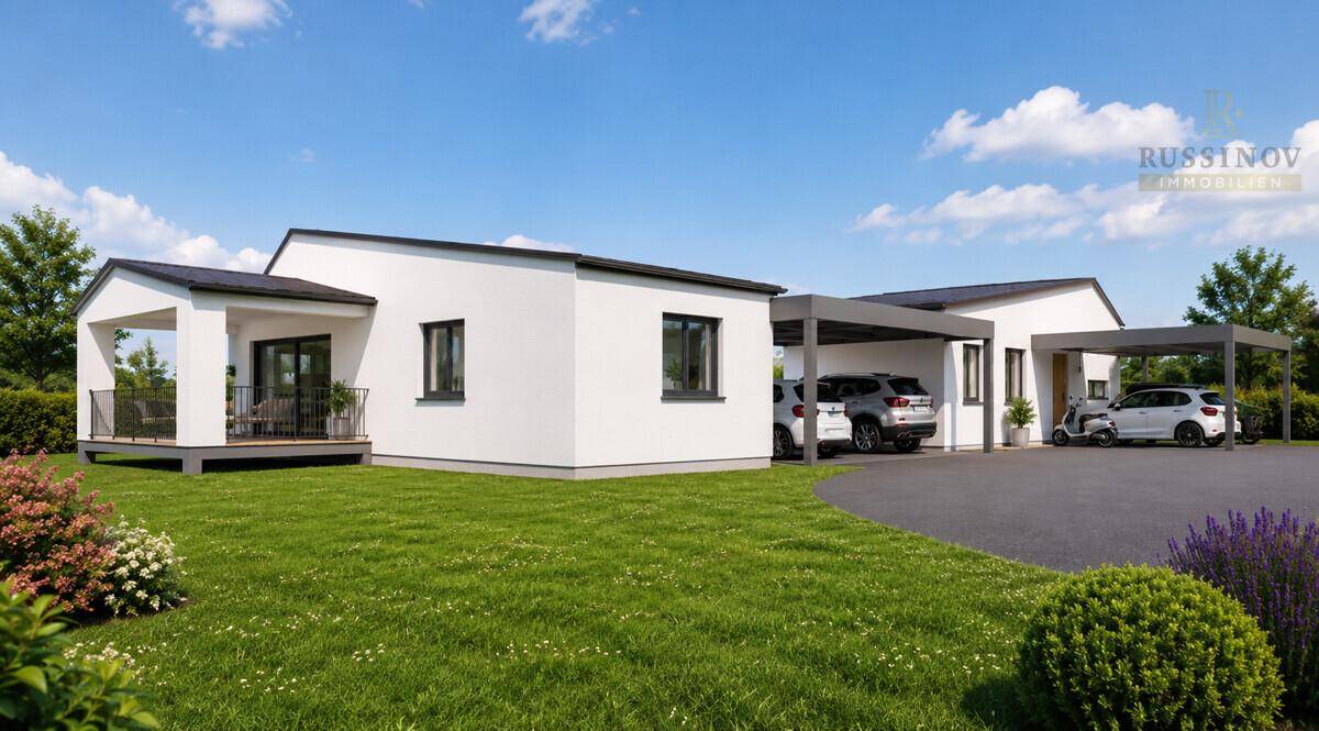 Moderne Häuser mit Carports und einem Balkon, umgeben von einer grünen Landschaft.