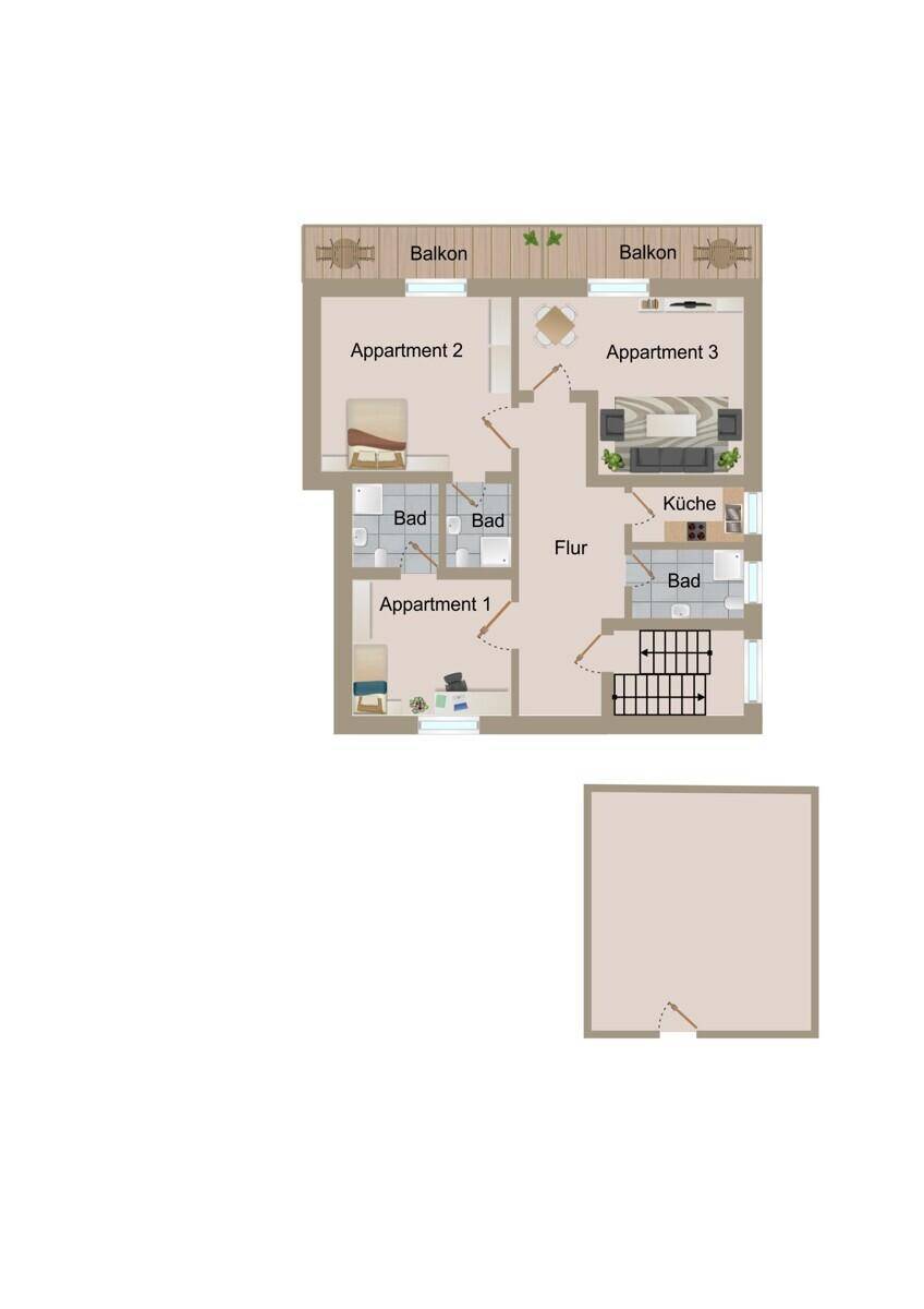 Grundriss des Obergeschosses mit drei Apartments, Bädern und Balkonen.