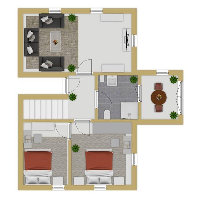 Grundriss des Obergeschosses mit Wohnzimmer, zwei Schlafzimmern und einem Badezimmer mit Doppelwaschbecken.