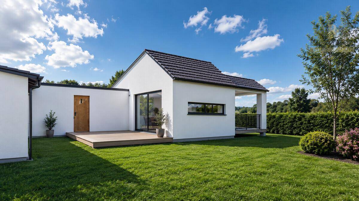 Modernes Haus mit Holzterrasse und gepflegtem Rasen, umgeben von Hecken und Bäumen.