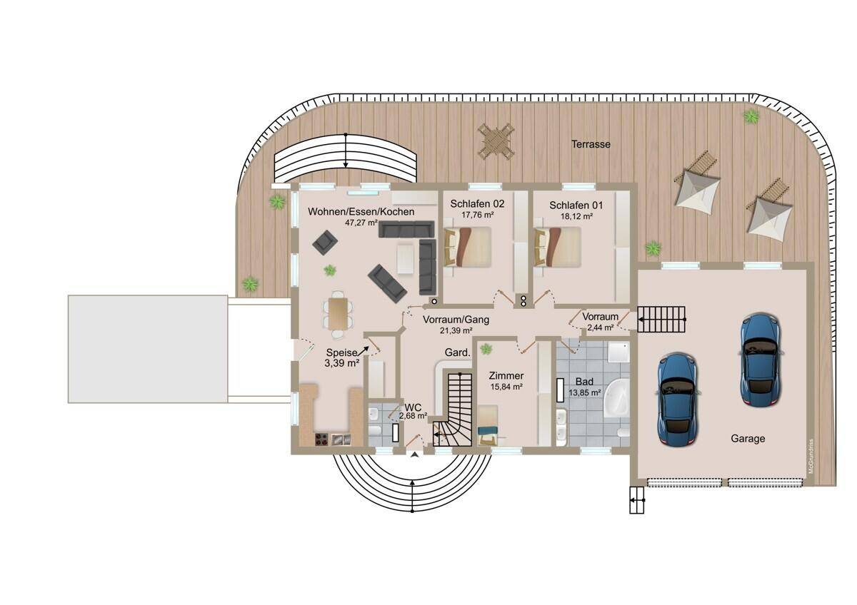 Grundriss des Erdgeschosses mit offenem Wohnbereich, zwei Schlafzimmern, Terrasse und Doppelgarage.