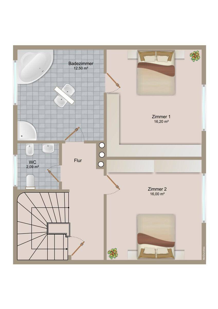 Grundriss des Obergeschosses mit zwei Schlafzimmern, großem Badezimmer, separatem WC und Treppenaufgang.