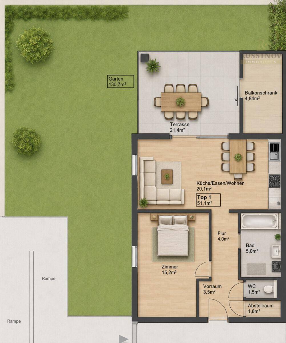 Grundriss einer Wohnung mit offenem Wohn-Essbereich, Schlafzimmer, Bad, separatem WC und großer Terrasse mit Garten.