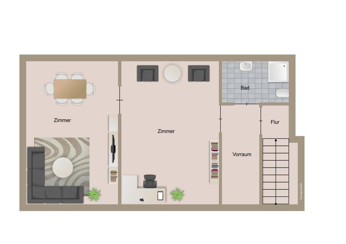 Grundriss einer Etage mit mehreren Zimmern, einem Bad und Treppenzugang, flexibel nutzbar.