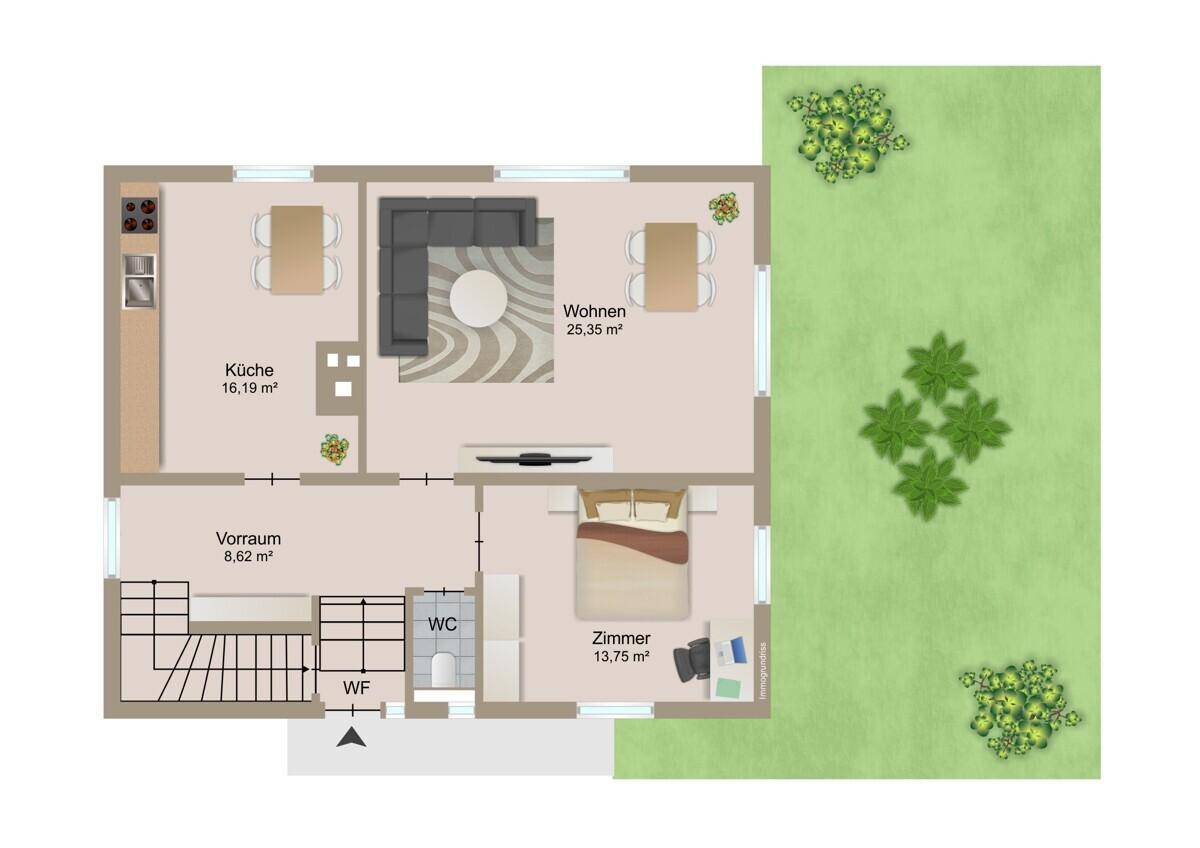 Grundriss des Erdgeschosses mit offener Küche, Wohnbereich, Schlafzimmer und Zugang zum Garten.