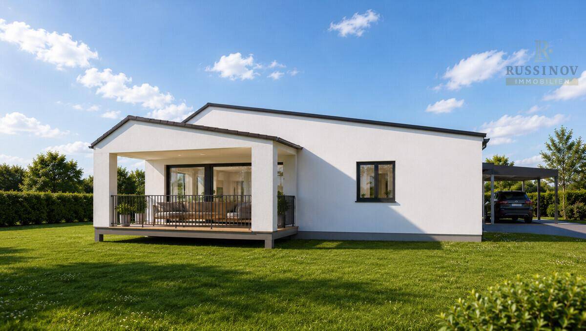 Rückansicht eines modernen Hauses mit überdachtem Balkon und Blick ins Grüne.