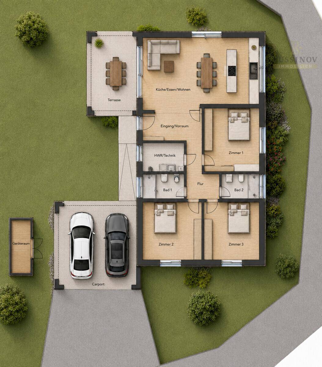 Detaillierter Grundriss des Hauses mit drei Schlafzimmern, zwei Bädern und offener Wohnküche.