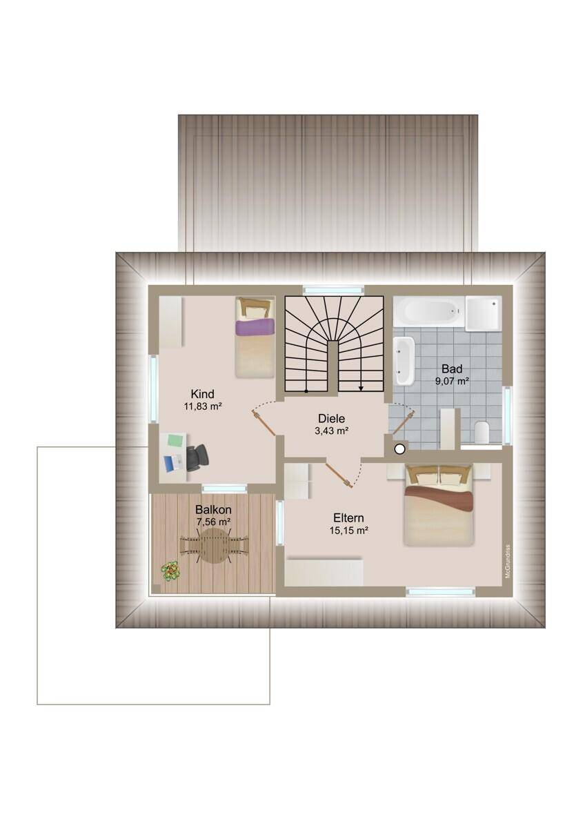 Grundriss des Obergeschosses mit zwei Schlafzimmern, Bad und Balkon.