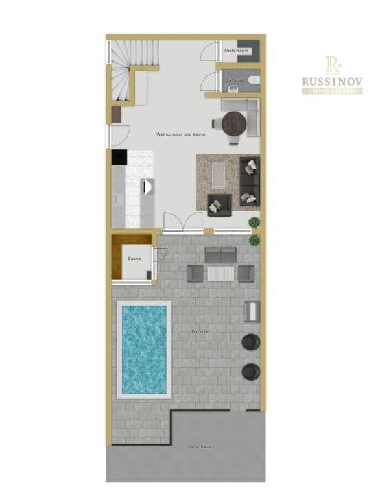Grundriss des Erdgeschosses mit offenem Wohnbereich, Küche, Sauna und Außenpool mit Terrasse.