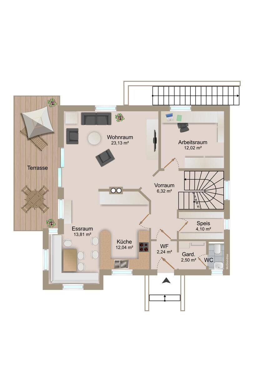 Grundriss des Erdgeschosses mit offener Küche, Wohnbereich, Arbeitszimmer und großer Terrasse.