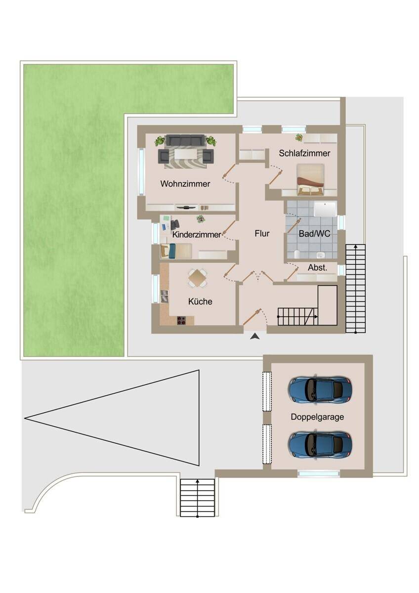 Grundriss des Erdgeschosses mit Wohnzimmer, Küche, Schlafzimmer und Doppelgarage.