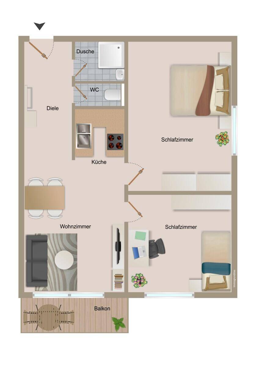 Wohnungsgrundriss mit zwei Schlafzimmern, separatem Duschbad, Gäste-WC und Balkon.
