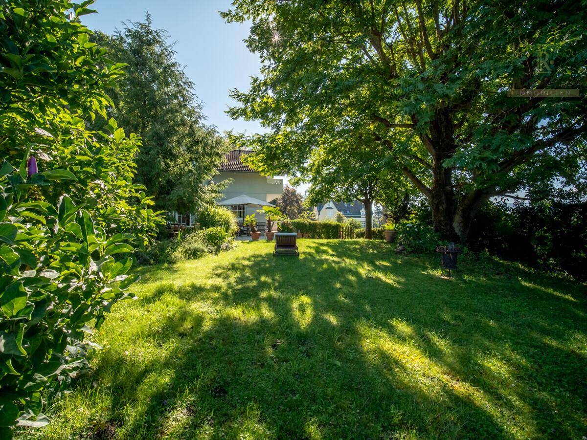 Gepflegter Garten mit großer Rasenfläche, altem Baumbestand und Sitzgelegenheiten.