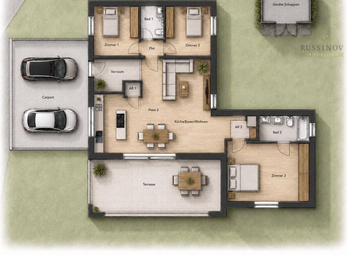 Grundriss für zwei Häuser mit Carports, offener Wohnküche und großzügigen Terrassen.