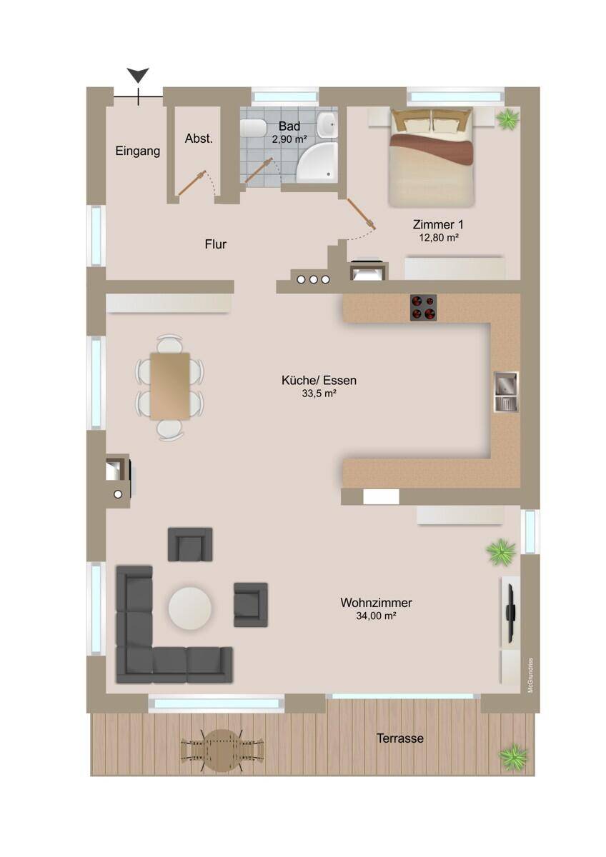 Grundriss des Erdgeschosses mit offenem Wohn-Essbereich, Küche, Schlafzimmer und Terrasse.