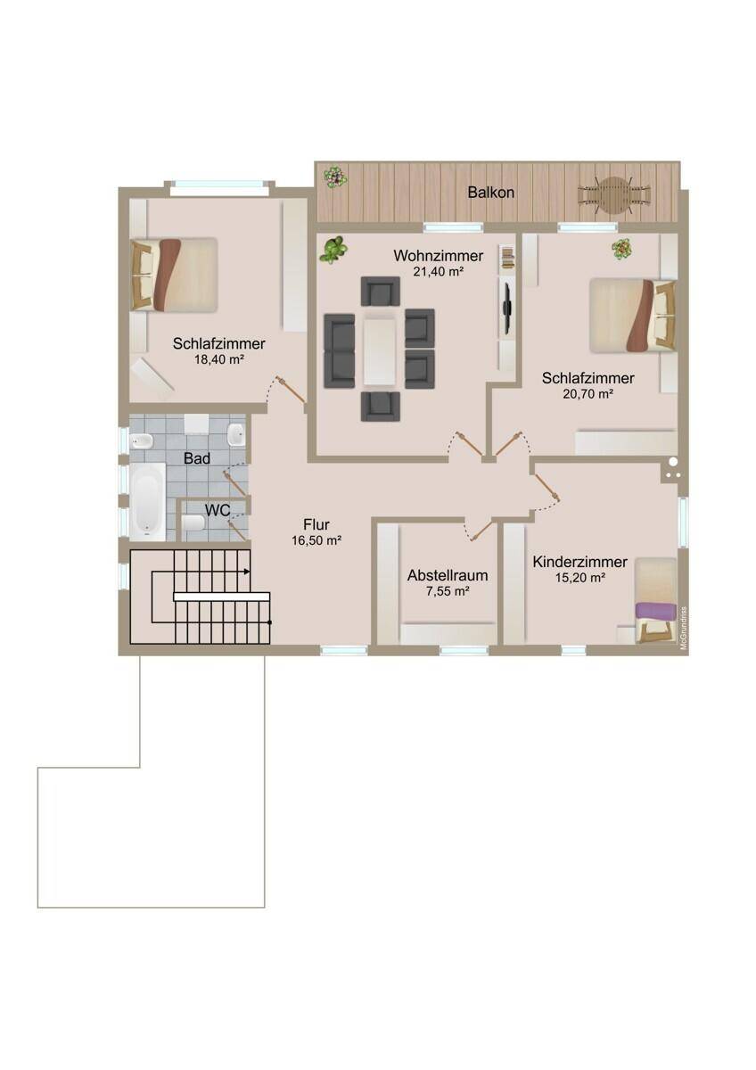 Grundriss des Obergeschosses mit drei Schlafzimmern, Bad, WC und Balkon.