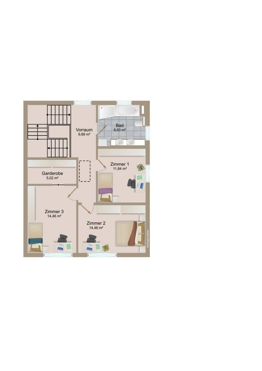Grundriss des Obergeschosses mit drei Schlafzimmern, Badezimmer und Garderobenbereich.