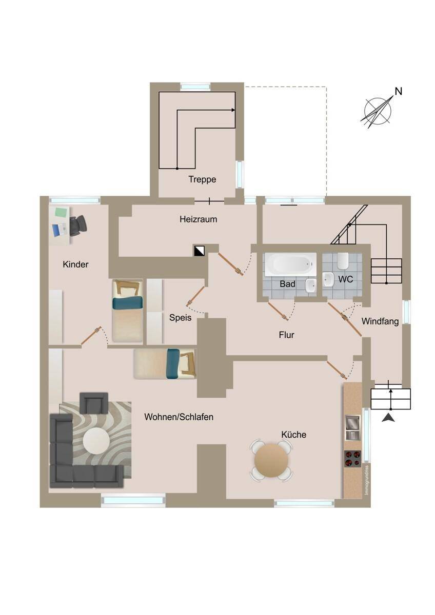 Grundriss des Erdgeschosses mit Küche, Wohn-/Schlafbereich und Kinderzimmer.
