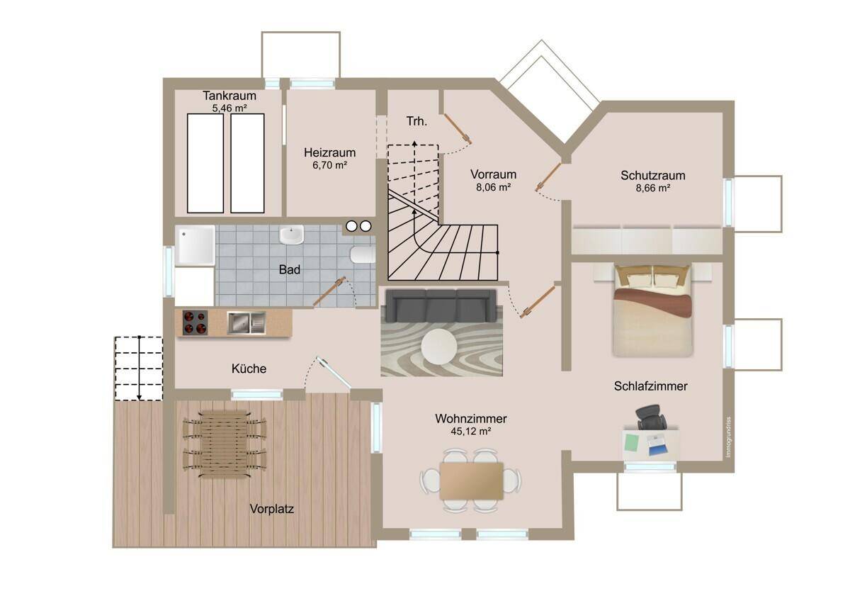 Grundriss des Untergeschosses mit Wohnzimmer, Schlafzimmer, Bad und Vorplatz.