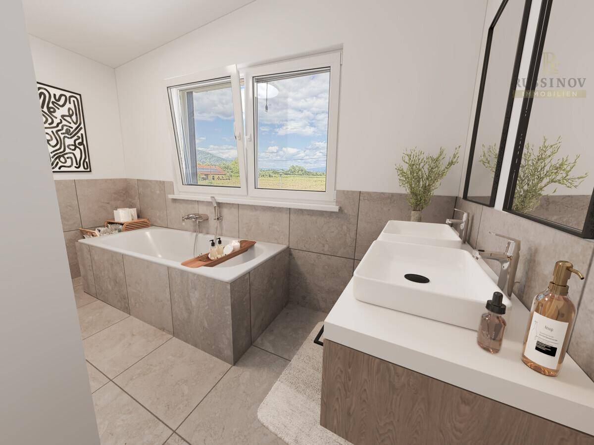Modernes Badezimmer mit Badewanne, Doppelwaschbecken und Fenster mit Weitblick.