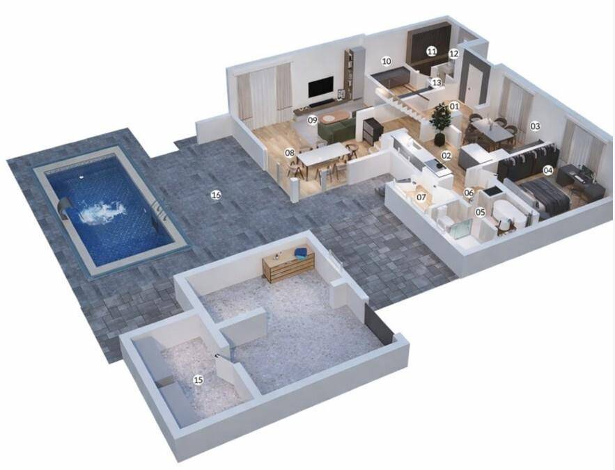 3D-Grundriss des Erdgeschosses mit offenem Wohnbereich, Küche und Außenpool.