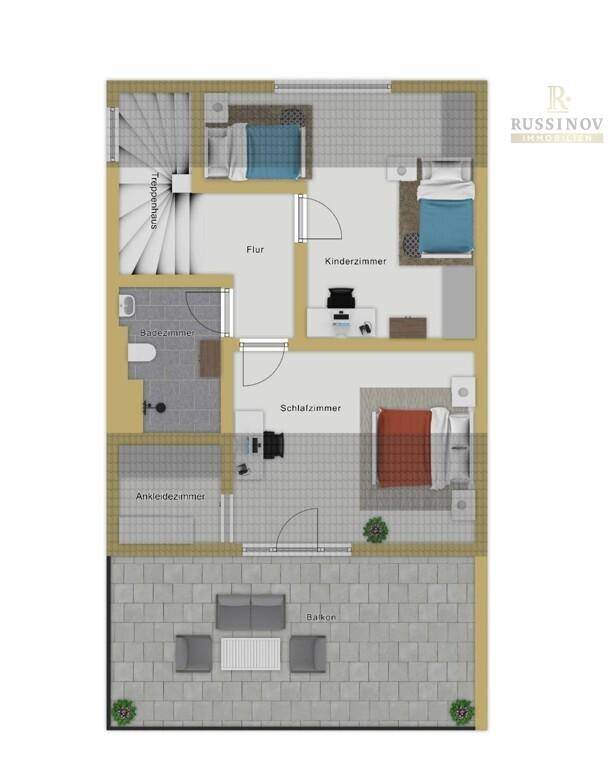 Grundriss des Obergeschosses mit drei Schlafzimmern, Ankleidezimmer und Balkon.