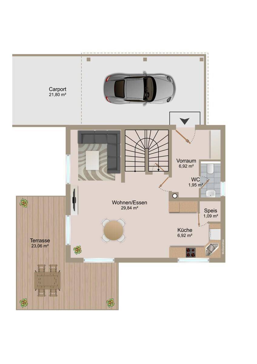 Grundriss des Erdgeschosses mit offener Wohnküche, Terrasse und Carport.