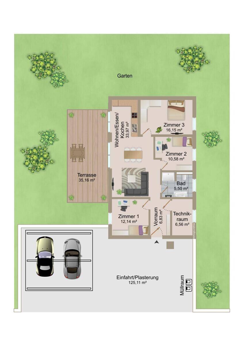 Übersichtlicher Grundriss des Hauses mit Terrasse, Garten und zwei Stellplätzen.