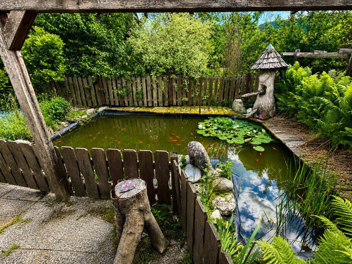 Idyllischer Gartenteich mit Goldfischen, Seerosen und einer rustikalen Holzumzäunung.