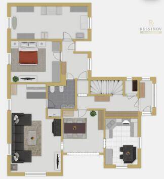 Grundriss einer Etage mit Schlafzimmern, Wohnbereich, Küche und Bädern.