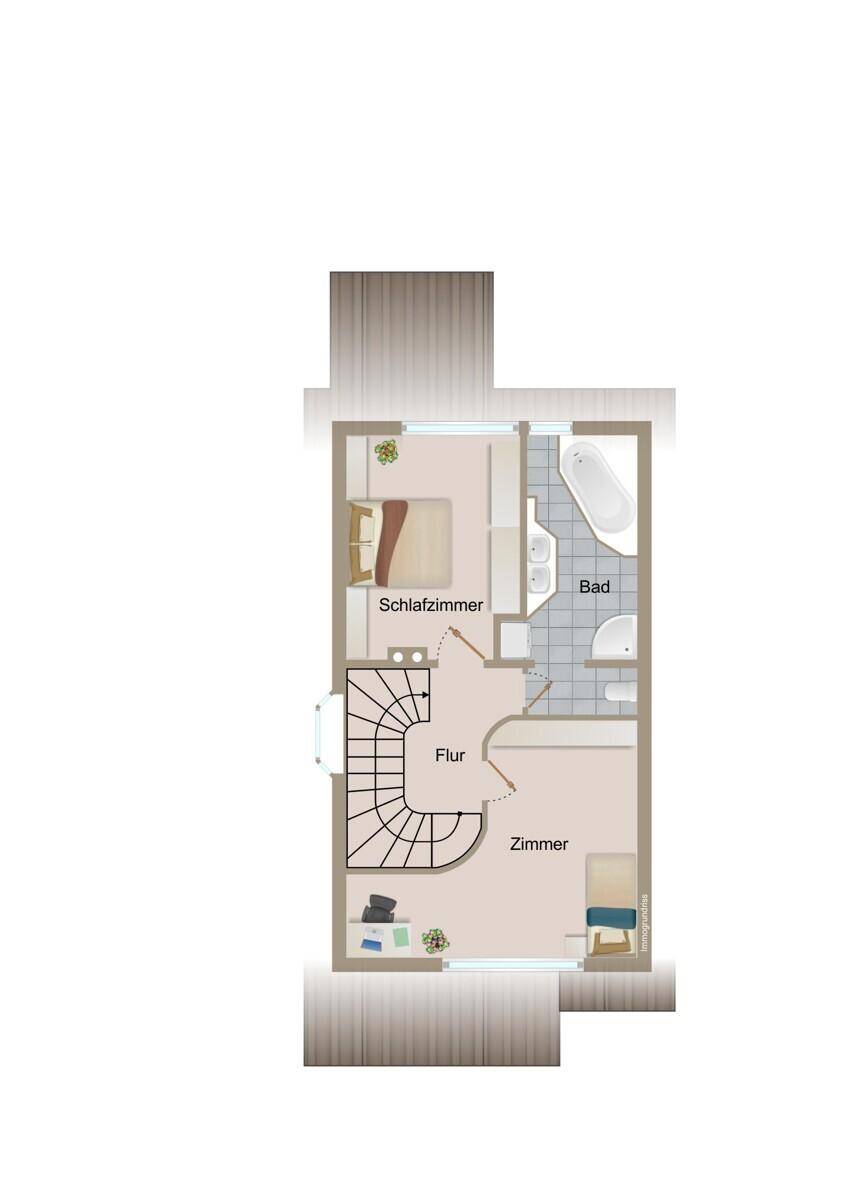 Alternativer Grundriss des Obergeschosses mit Schlafzimmer, weiterem Zimmer und Badezimmer mit Bidet.